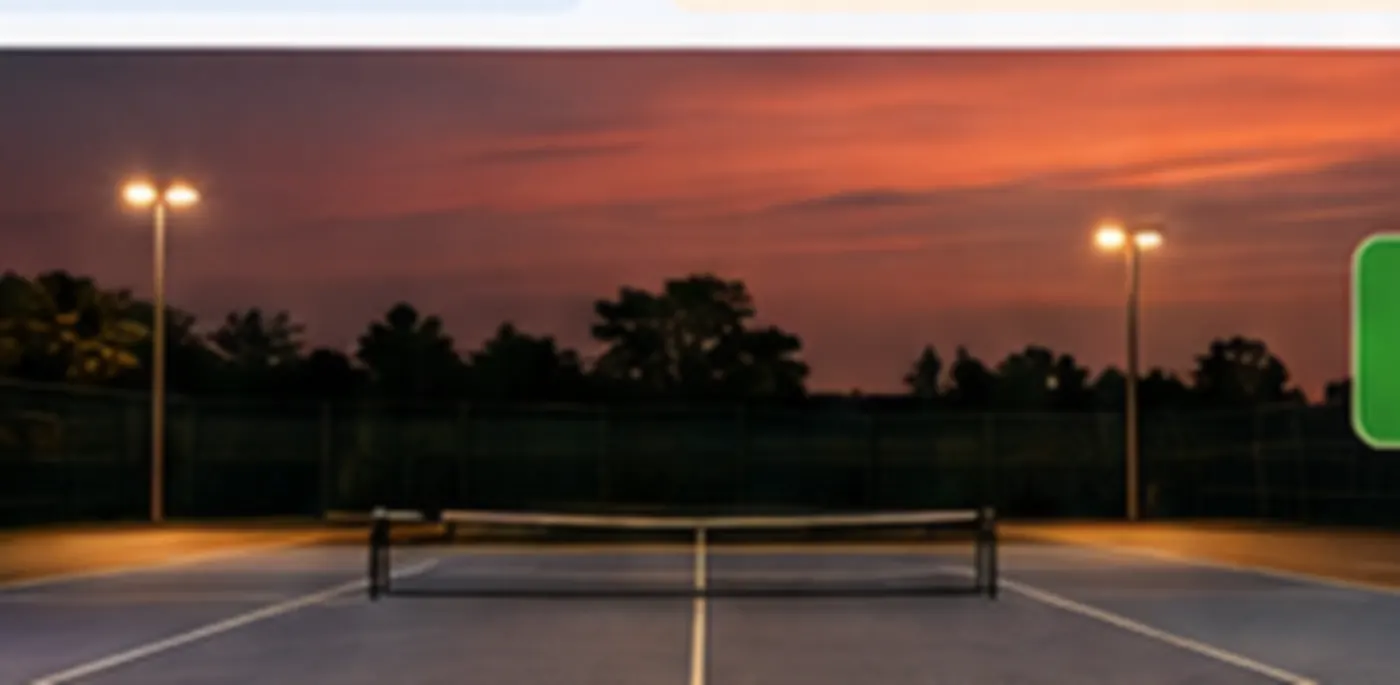 An empty pickleball court under a dusk sky